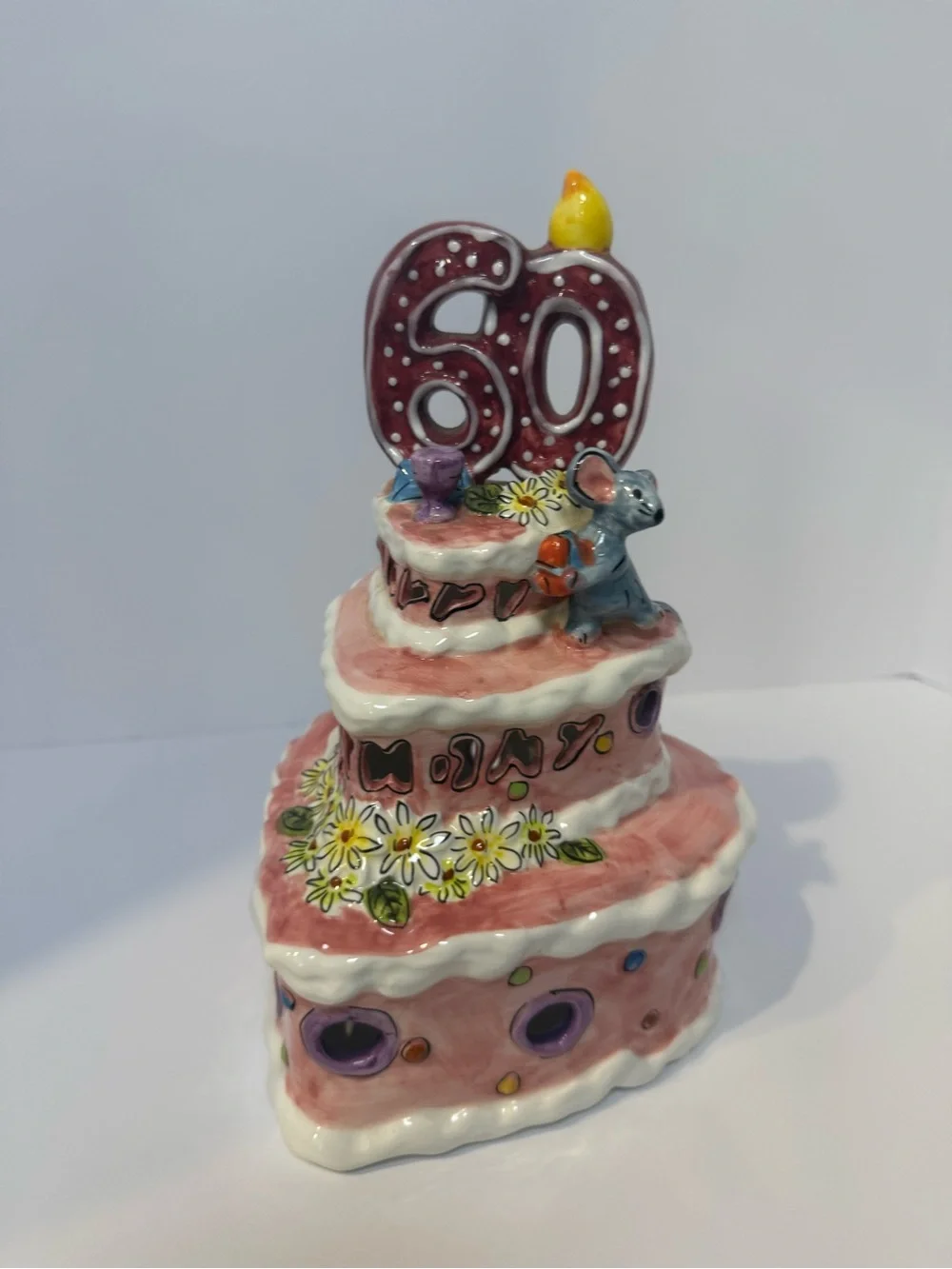 Pink 60th Birthday Tiered Cake Topper Figurine with Mouse